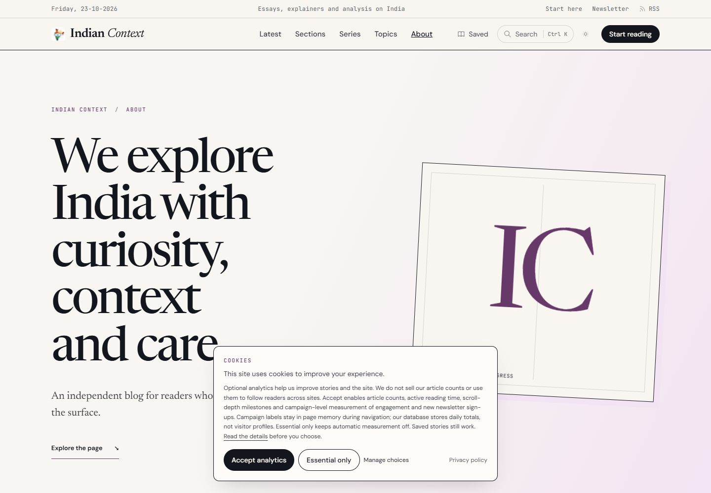 IndianContext about page describing its editorial purpose and approach