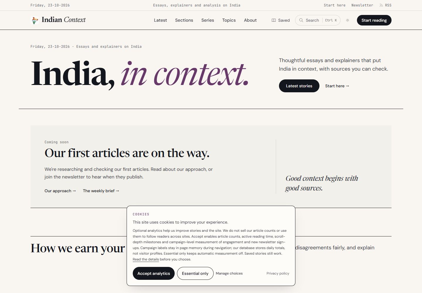IndianContext live editorial homepage with India in context headline, reading navigation and honest article empty state