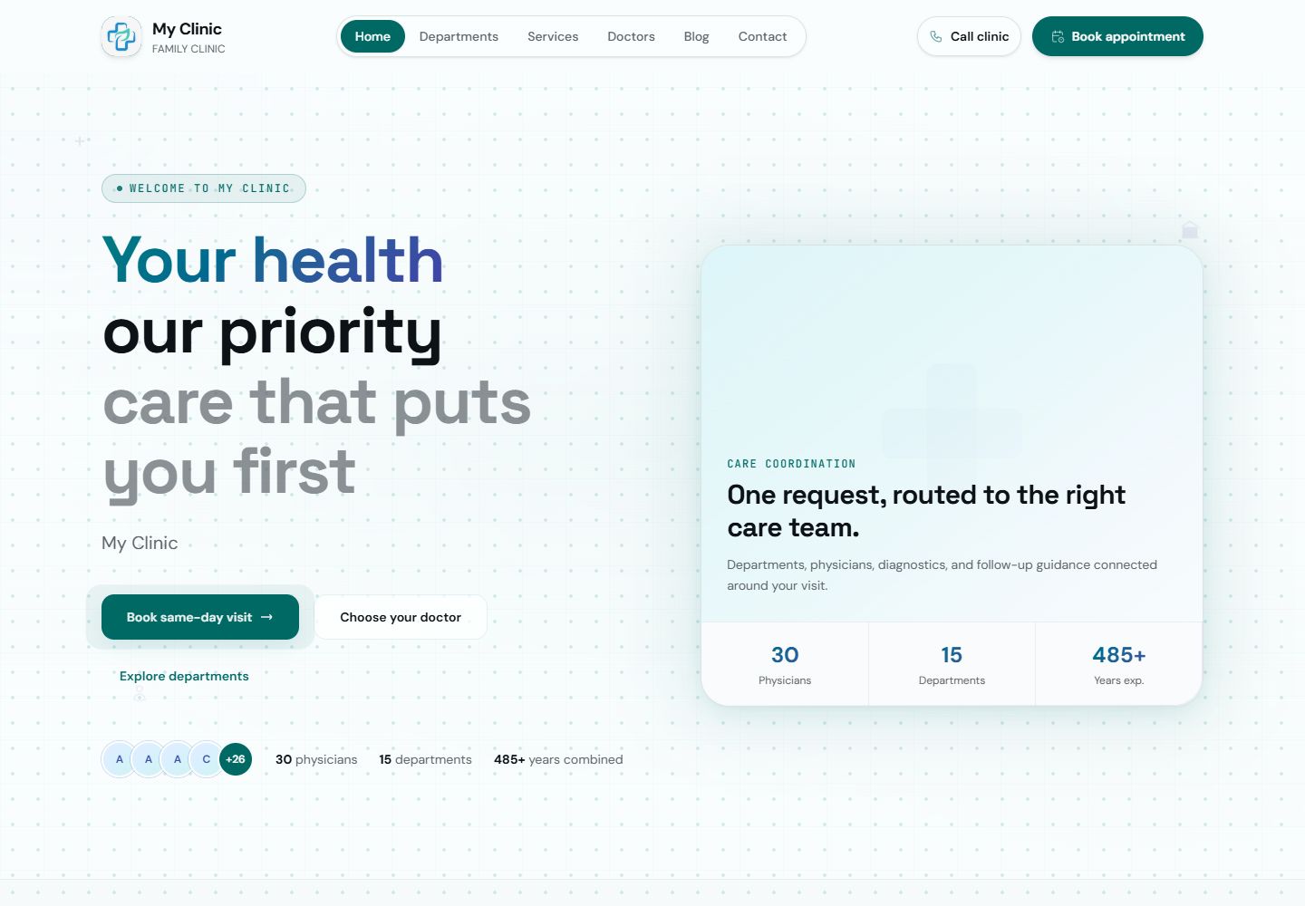 My Clinic deployed healthcare homepage with departments, doctor discovery and appointment request navigation