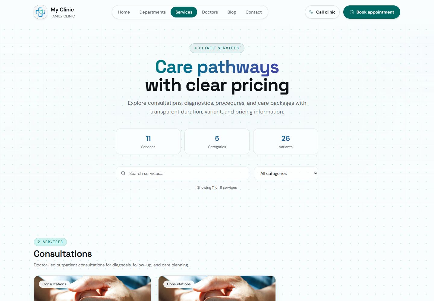 My Clinic services directory showing category filters, durations, service variants and sample price ranges