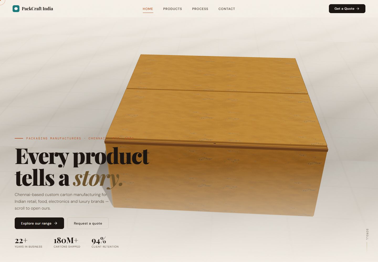 PackCraft India homepage showing a textured 3D carton, editorial typography and product exploration links