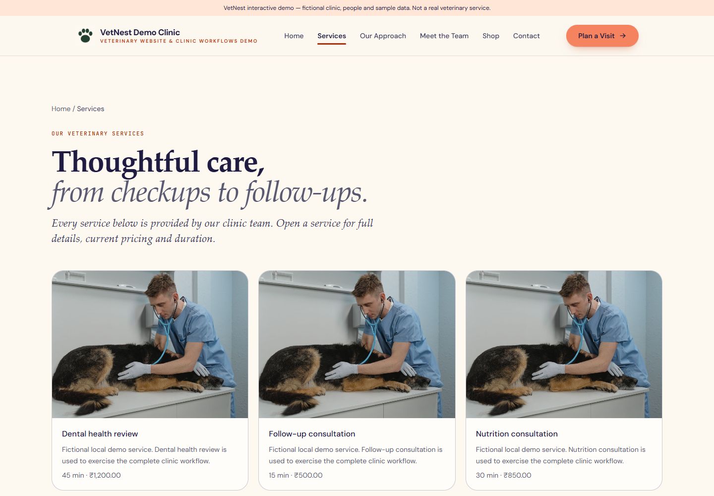 VetNest services page with service descriptions, consultation durations and sample prices