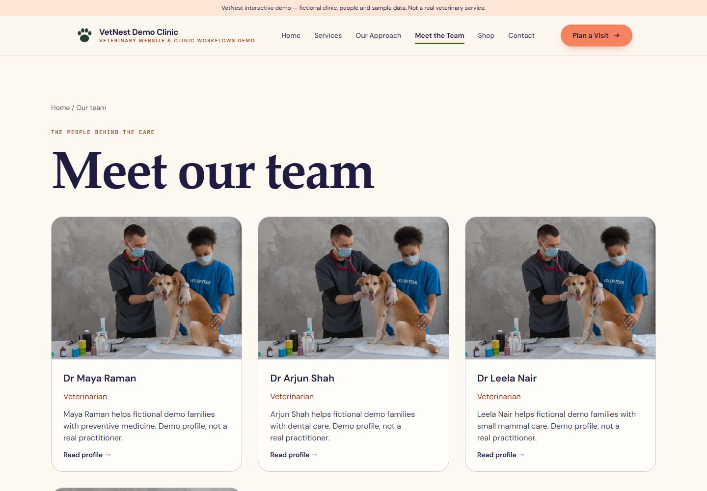 VetNest team directory displaying fictional staff profiles and clearly illustrative veterinary care photographs